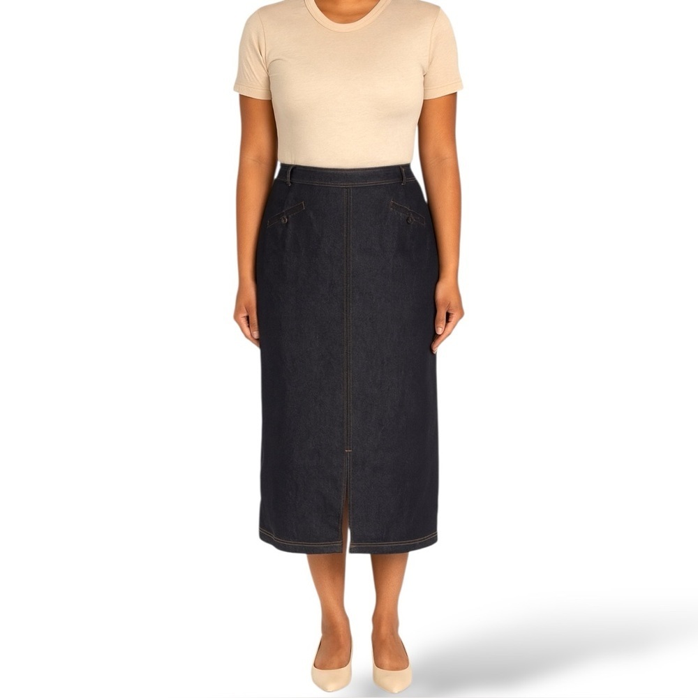 MARCONA Cotton Blend Chambray Maxi Pencil Skirt Front Reversable Zipper Sz 16